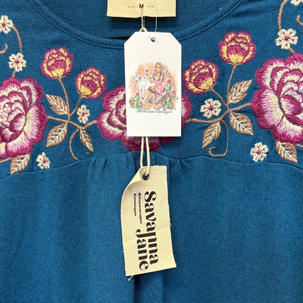 Savanna Jane Teal Long Sleeve with Pink Floral Embroidery NWT - Picture 3 of 6